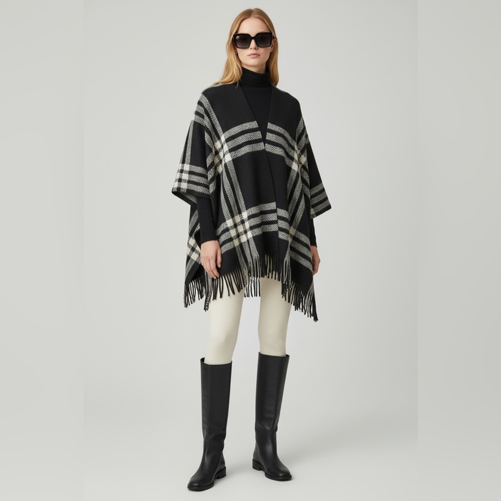 Nicole Miller Black & White Plaid Poncho Cape Shawl Wrap with Fringe Open Front